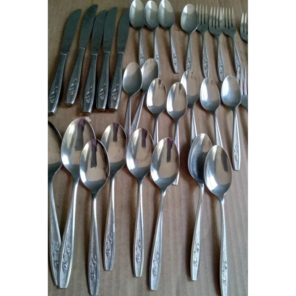 Vintage Stainless Steel Flatware‎ Set Knives Spoons Forks Floral Design